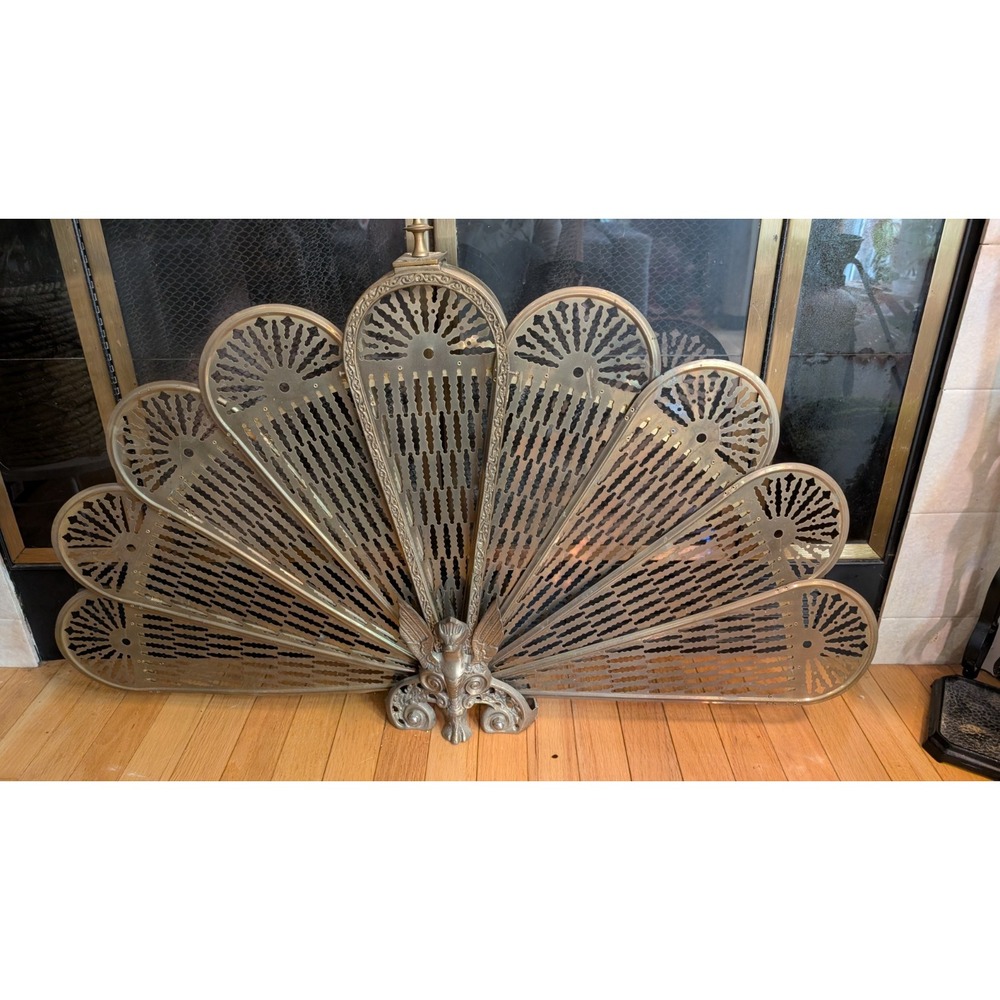 Antique Fabulous Art Deco Double Griffin Brass Peacock Fan Fireplace Screen